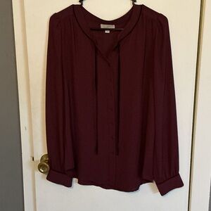 Loft Fashion Burgundy Tie-Neck Long-Sleeve Blouse